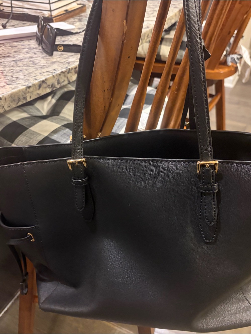 MICHAEL Michael Kors Black Saffiano Leather Tote with Gold Hardware
